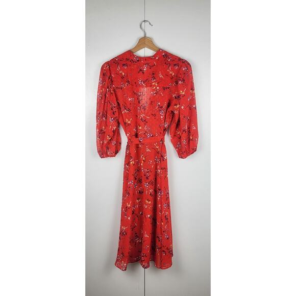 Nanette Lepore Pleated Floral Red Midi Dress Waist Tie | Medium 8 - Picture 8 of 10